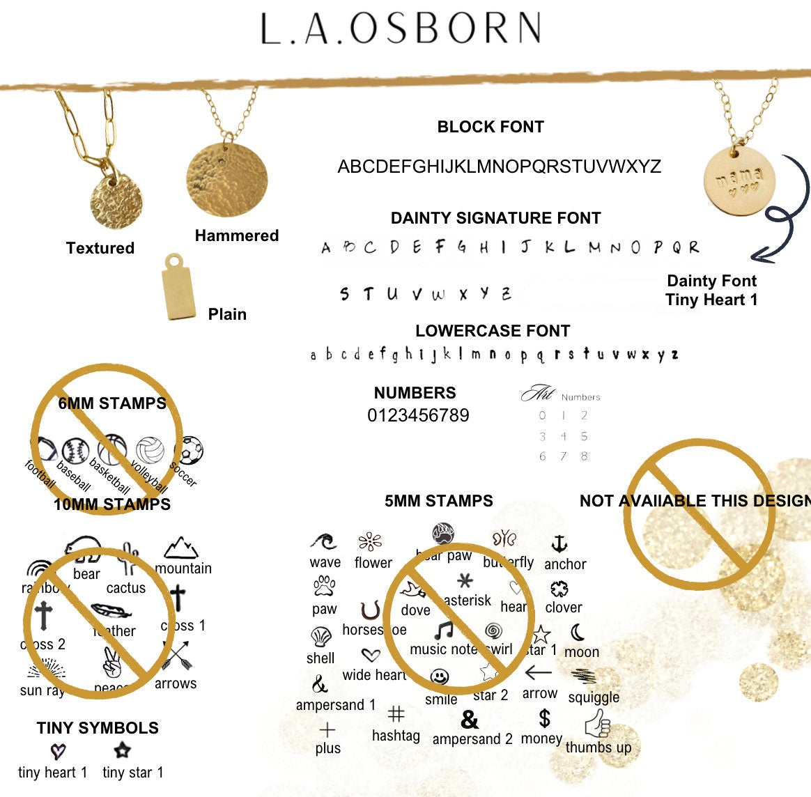 L.A.Osborn Personalization Chart showing fonts, symbols, numbers and designs to personalize this tiny tag